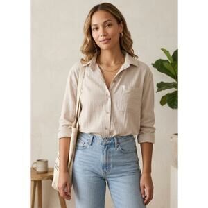 Cavalini 100% Cotton Button Down Shirt Beige Minimalist Neutral Top Sz Small EUC